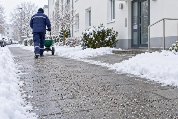 Geräumter und gestreuter Gehweg vor einem Mehrfamilienhaus