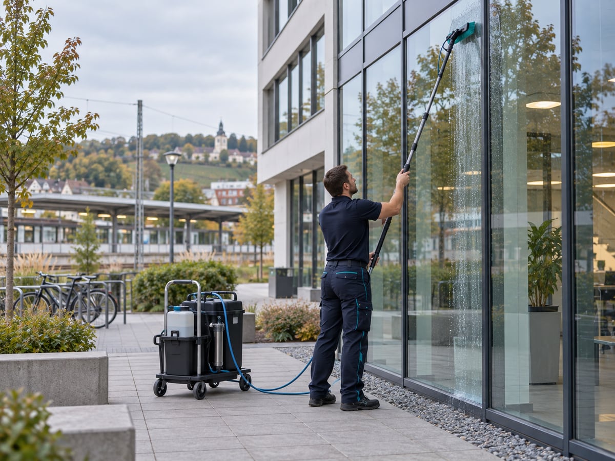 KI-generiertes Bild: Fensterreinigung an einem Bürogebäude im Vaihinger Bahnhofsumfeld